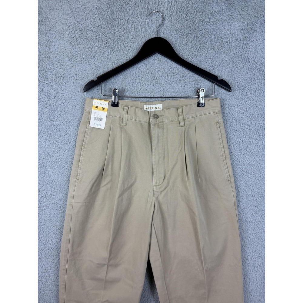 Merona Pleated Pants Mens 32x30 Beige Canvas Khaki Chino Classic Fit New Men